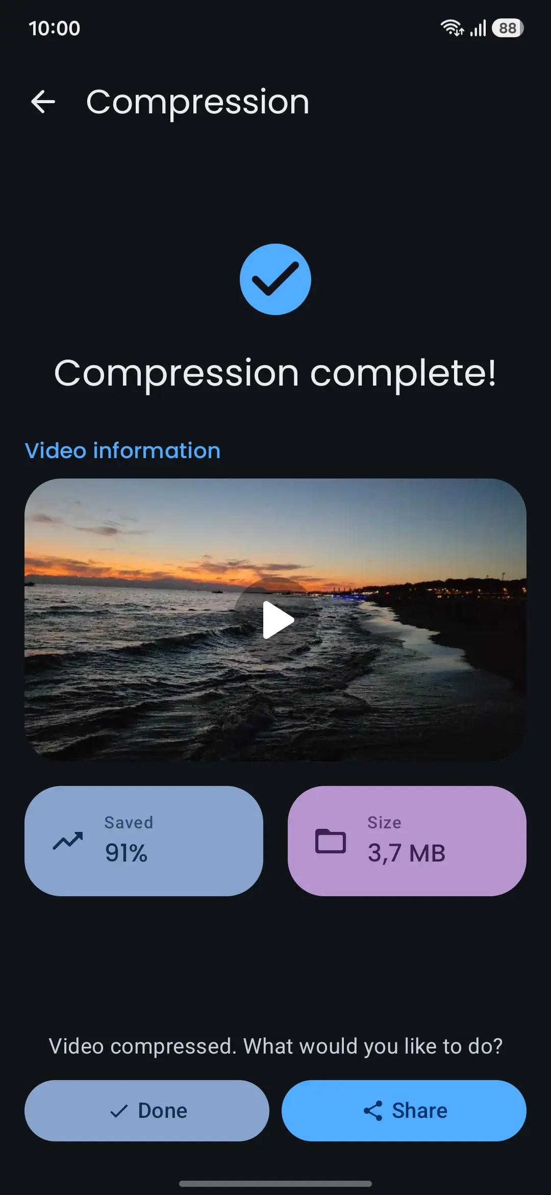Compression complete screen with the result and Done and Share actions.